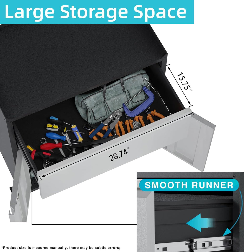 Rolling Garage Storage Cabinet with Door and Drawer, Lockable Metal Tool Cabinet on Wheels for Garage, Home, Office, Black & Gray, Assembly Required, (18.11' D x 30.31' W x 35.43' H)