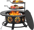 Outvue 42 Inch Fire Pit with 2 Grills, Extra Large Wood Burning Fire Pits for Outside with Lid & Poker, Heavy Duty Firepit,BBQ& Outdoor Fire Pit & Round Metal Table 3 in 1 for Patio, Picnic, Party