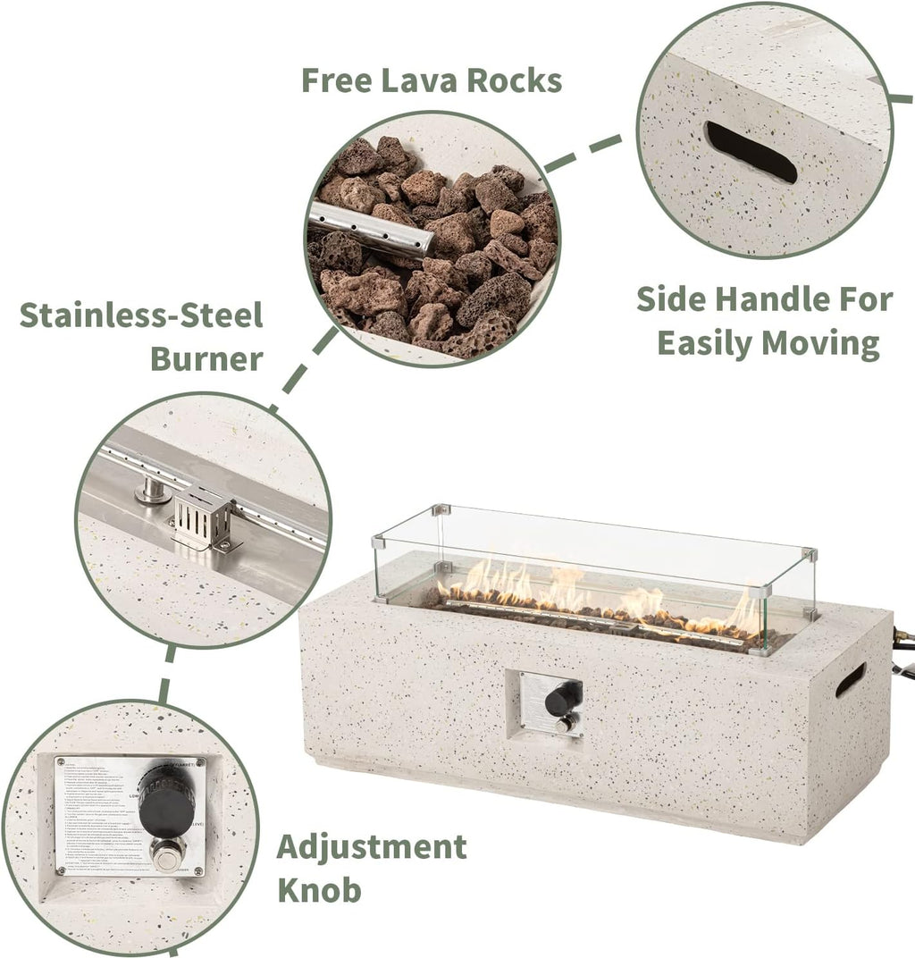 COSIEST Outdoor Propane Fire Pit Coffee Table, 42-inch x 13-inch Terrazzo Rectangle Base Patio Heater w Certified, 50,000 BTU Stainless Steel Burner, Wind Guard, Free Lava Rocks and Rain Cover