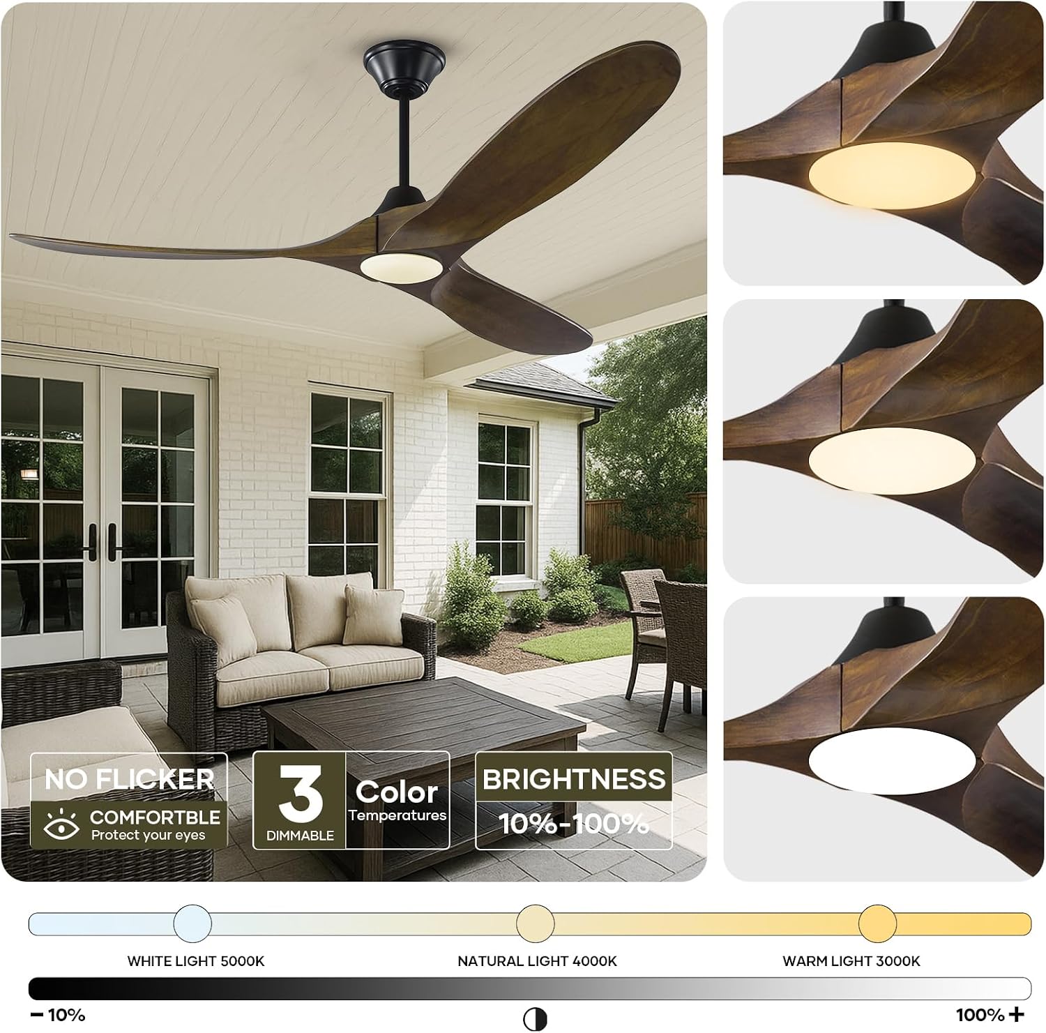 60 Inch Outdoor Ceiling Fans for Patios with Lights Damp Rated, Modern Farmhouse Wood Smart Ceiling Fan with Alexa Control, 3 Walnut Blades, Indoor High CFM Quiet DC Fan for Living Room Gazebo
