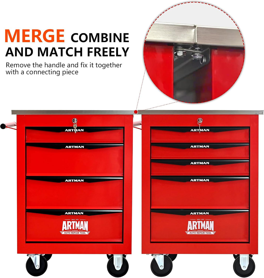 4 Drawers Rolling Tool Box on Wheels, Stainless Steel Countertop Tool Chest Cabinet with Lock, Drawers Rolling Tool Cart Trolley Organizer Tool Case for Garage,Warehouse (Red)