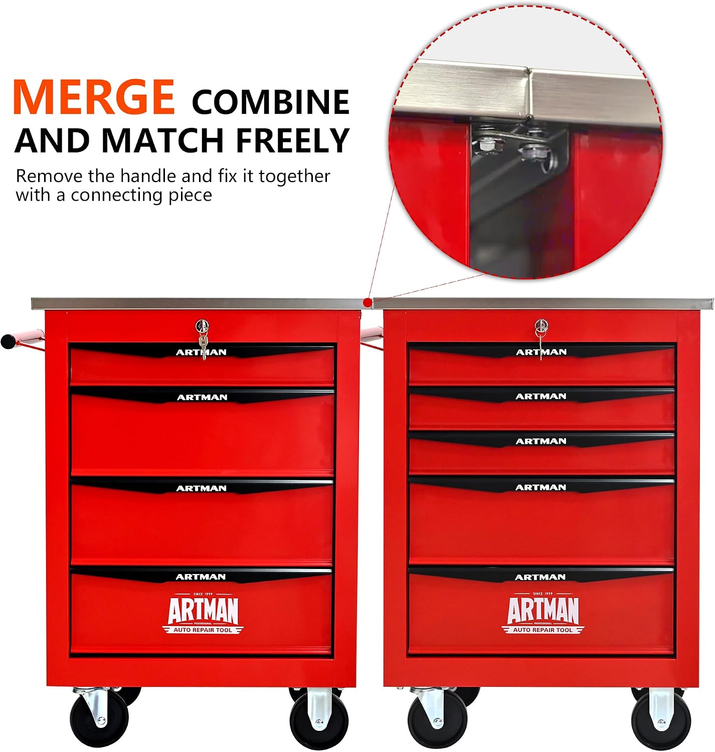 4 Drawers Rolling Tool Box on Wheels, Stainless Steel Countertop Tool Chest Cabinet with Lock, Drawers Rolling Tool Cart Trolley Organizer Tool Case for Garage,Warehouse (Red)