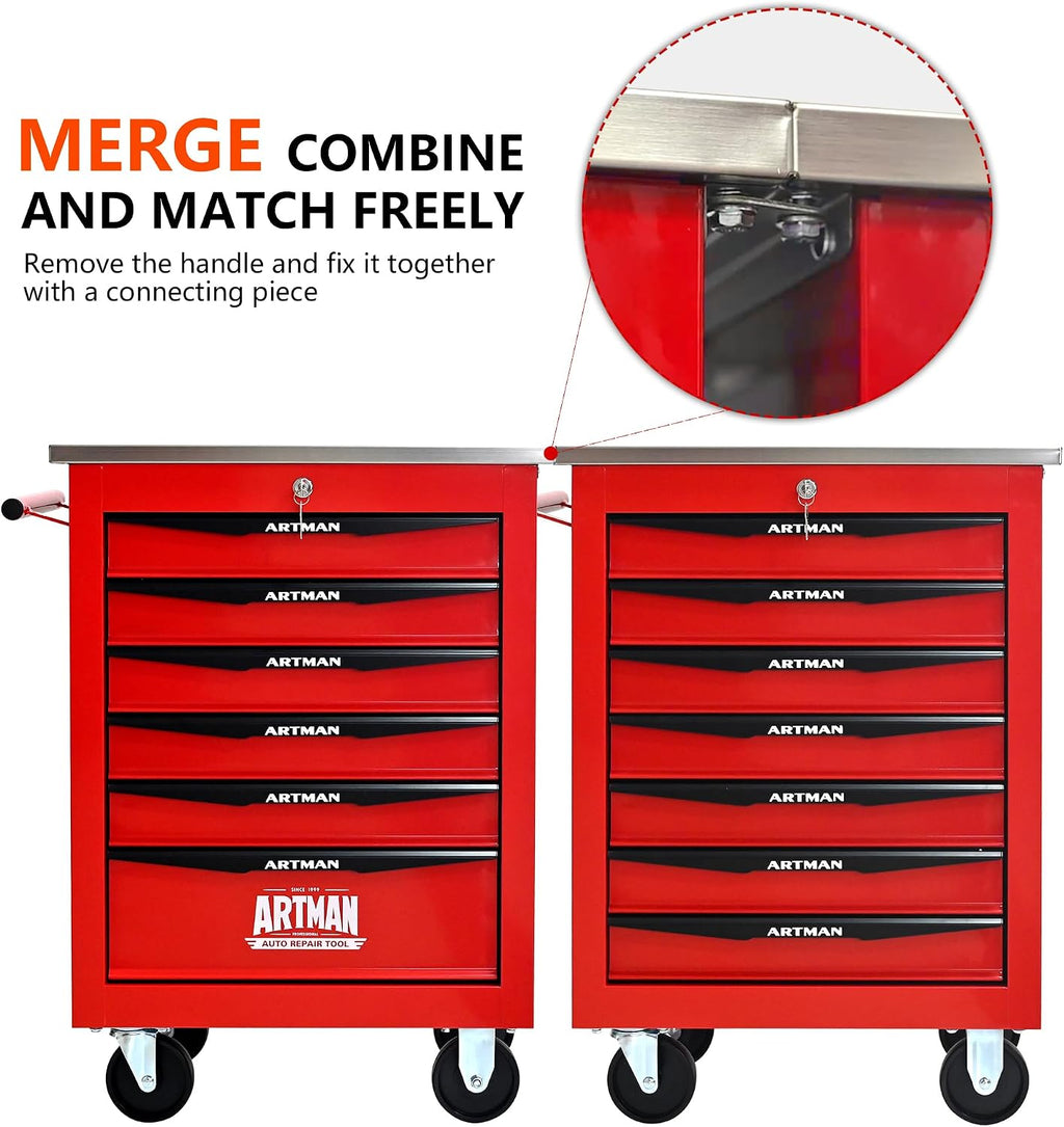 6 Drawers Rolling Tool Box on Wheels, Stainless Steel Countertop Tool Chest Cabinet with Lock, Drawers Rolling Tool Cart Trolley Organizer Tool Case for Garage,Warehouse (Red)
