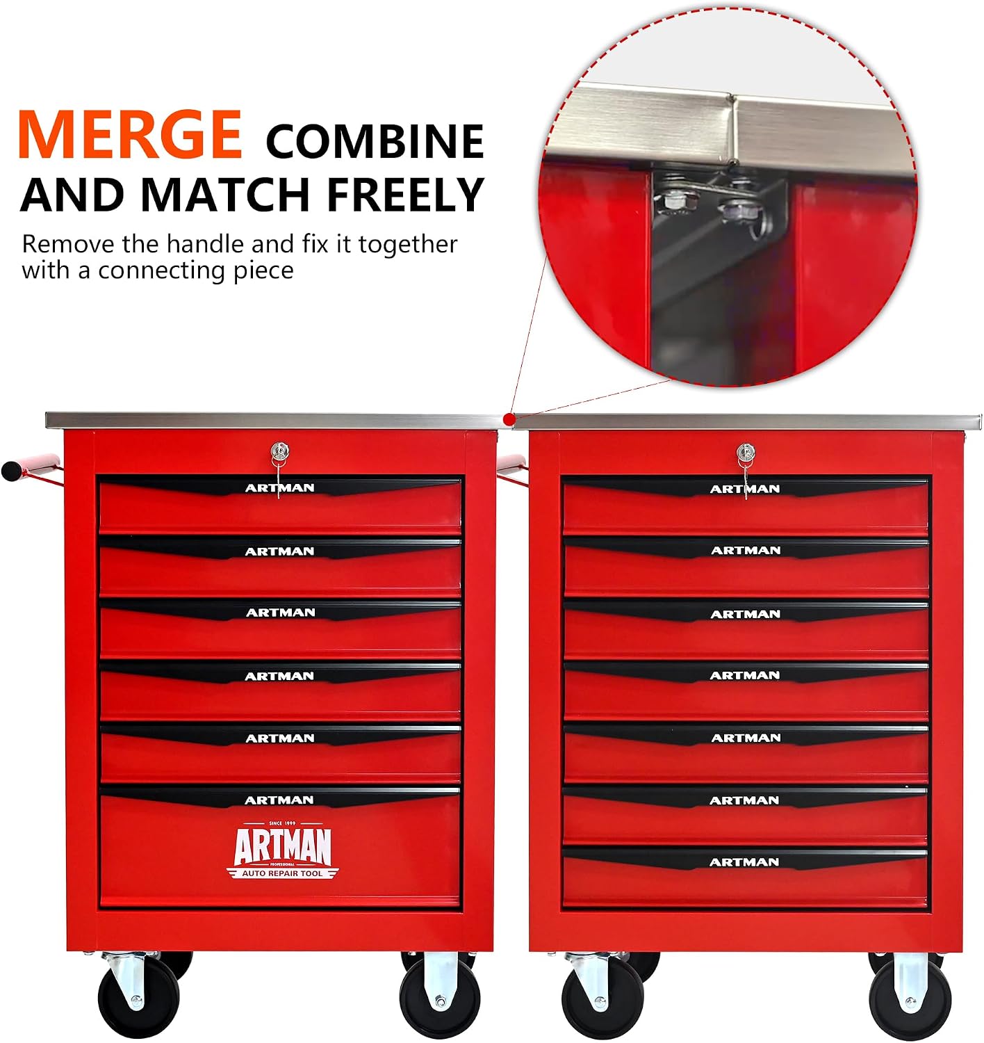 6 Drawers Rolling Tool Box on Wheels, Stainless Steel Countertop Tool Chest Cabinet with Lock, Drawers Rolling Tool Cart Trolley Organizer Tool Case for Garage,Warehouse (Red)