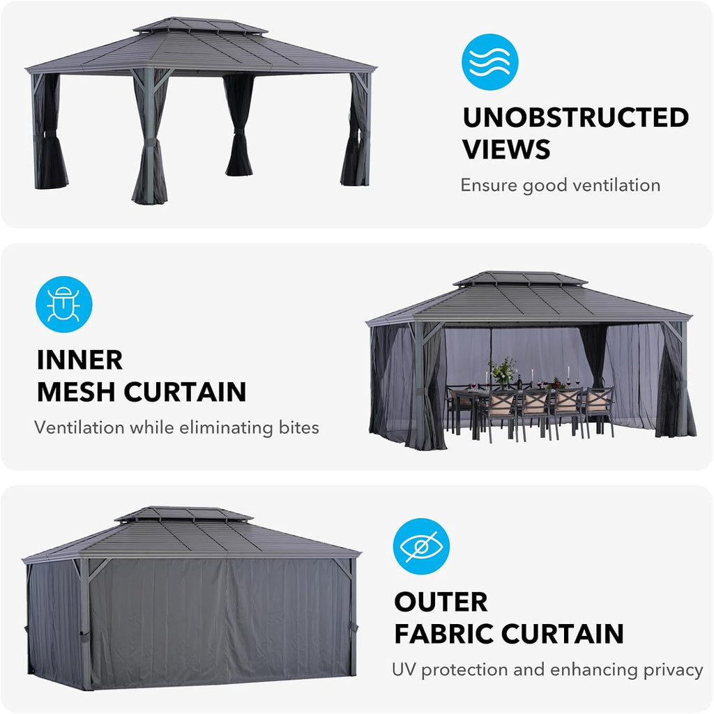 LeDoasis Nova 12' X 16' Hardtop Gazebo with Breathable Netting & Privacy Curtain, Permanent Hard top Metal Canopy Gazebo with Galvanized Steel Double Roof, for Patio Lawn and Garden