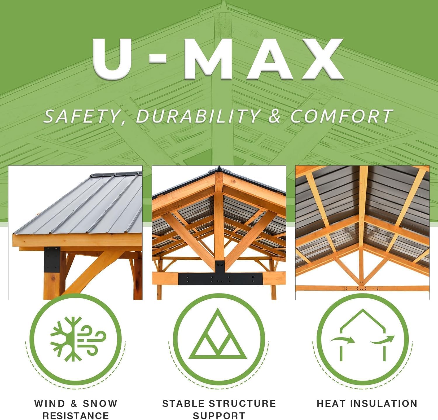 U-MAX 14' x 12' Wooden Gazebo on Clearance, BBQ Gazebo for Outdoor Grill with Thermal Insulated Polycarbonate Pyramid Hip Roof, Pergolas and Gazebos Clearance for Backyard Deck Garden Patio
