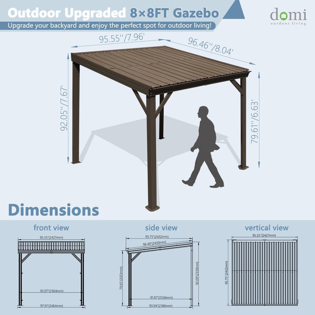 Domi 8' x 8' Wall-Mounted Hardtop Gazebo Pergola – Permanent Lean-to Outdoor Shelter with Sloped Galvanized Steel Roof & Upgraded Drainage – Grey Metal Patio Cover for Backyard, Deck, Garden, Brown