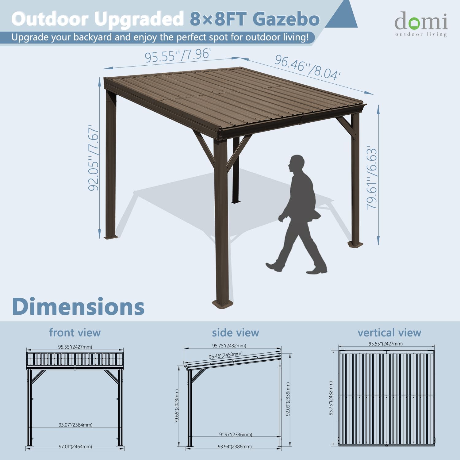 Domi 8' x 8' Wall-Mounted Hardtop Gazebo Pergola – Permanent Lean-to Outdoor Shelter with Sloped Galvanized Steel Roof & Upgraded Drainage – Grey Metal Patio Cover for Backyard, Deck, Garden, Brown