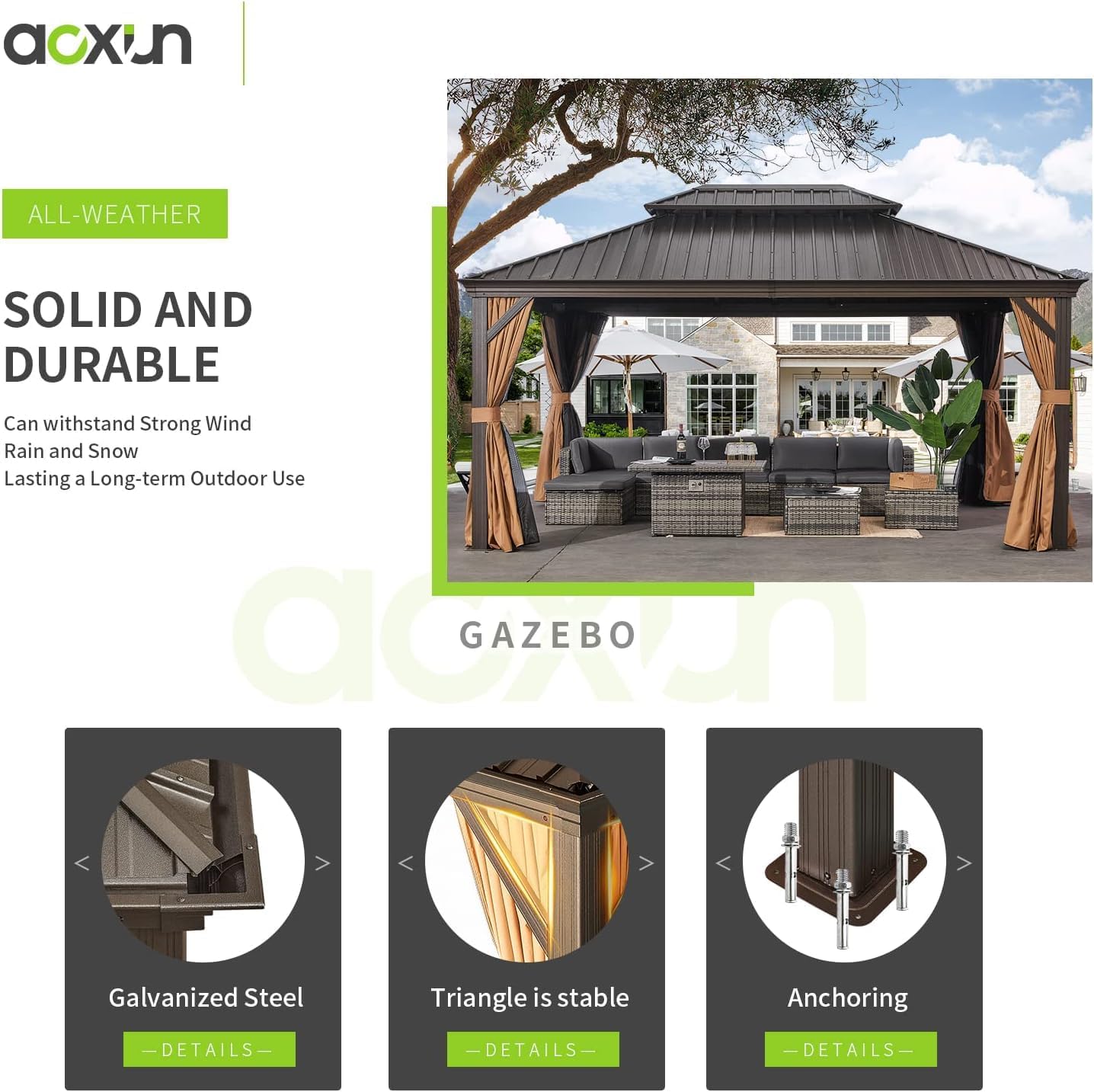 oneinmil 12' X 16' Permanent Hardtop Gazebo Aluminum Gazebo, Galvanized Steel Double Roof for Patio Lawn and Garden, Brown Curtains and Netting Included