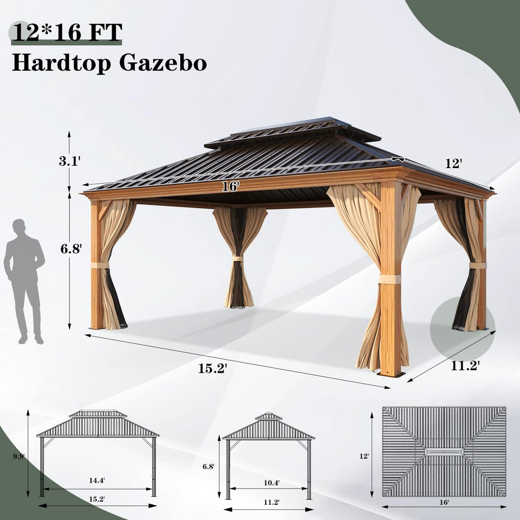 YOLENY 12' x 16' Hardtop Gazebo, Wood-Looking Gazebo with Galvanized Steel Double Roof, Aluminum Frame with Netting and Curtains for Deck, Backyard, Patio and Lawns