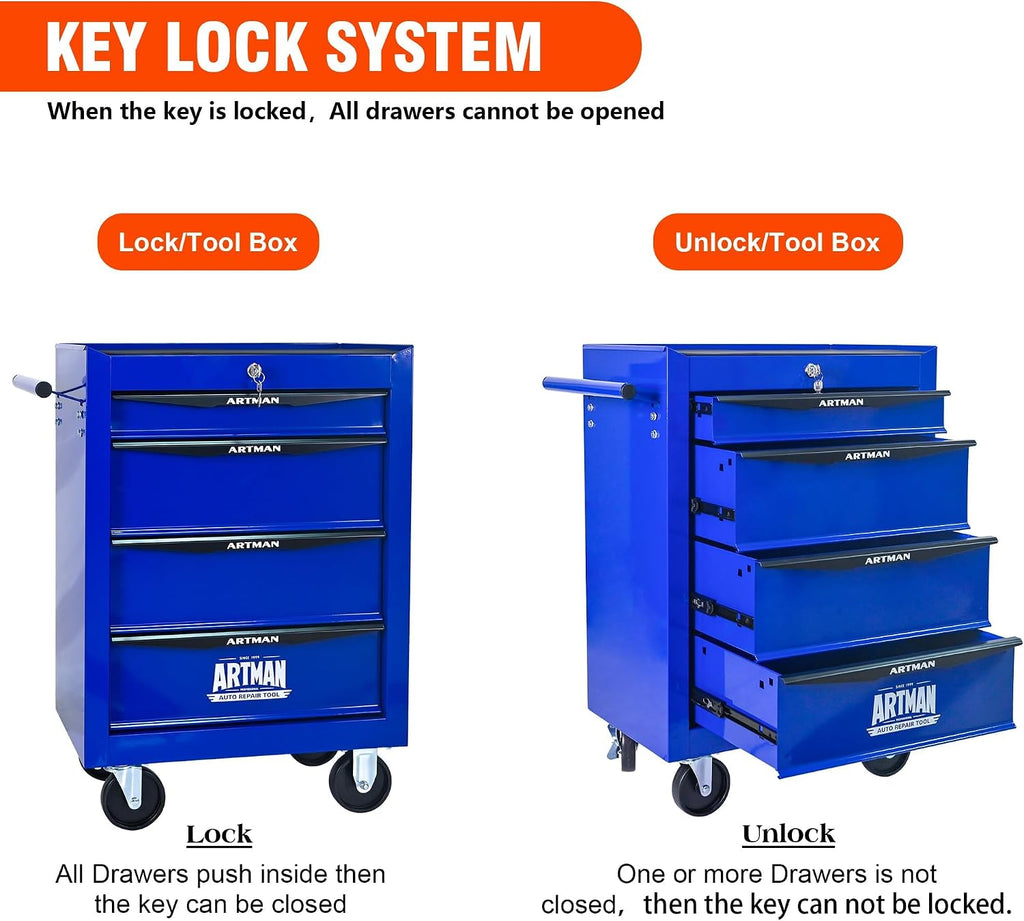 4 Drawers Tool Cart on Wheels, Multifunctional Rolling Tool Chest, Drawers Mobile Trolley Organizer Heavy Duty Tools Box with Locking Wheels & Ball Bearing Drawers (Blue, 4 Drawers)