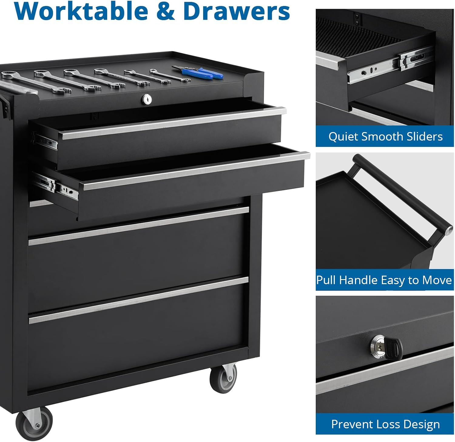 5-Drawers Rolling Tool Chest, Tool Storage Cabinet Organizer with Wheels and Lock System, Portable Toolbox Cart for Garage, Warehouse, Workshop & Repair Shop
