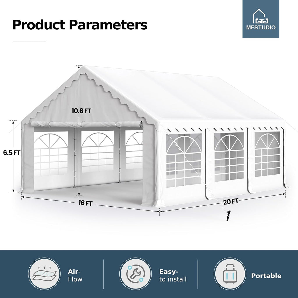 MFSTUDIO 16'x20' Party Tent, Outdoor Heavy Duty Party Tents with Removable Sidewalls, Large Canopy Tent Shelter for Outdoor Events Wedding Birthday, White