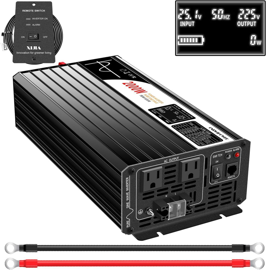 Xijia 2000W Pure Sine Wave Inverter，12V to 120V AC Converter for Home，Solar Systems，Remote and Bluetooth Control for Truck，Camping，with 2 AC Socket，Surge Power 4000W