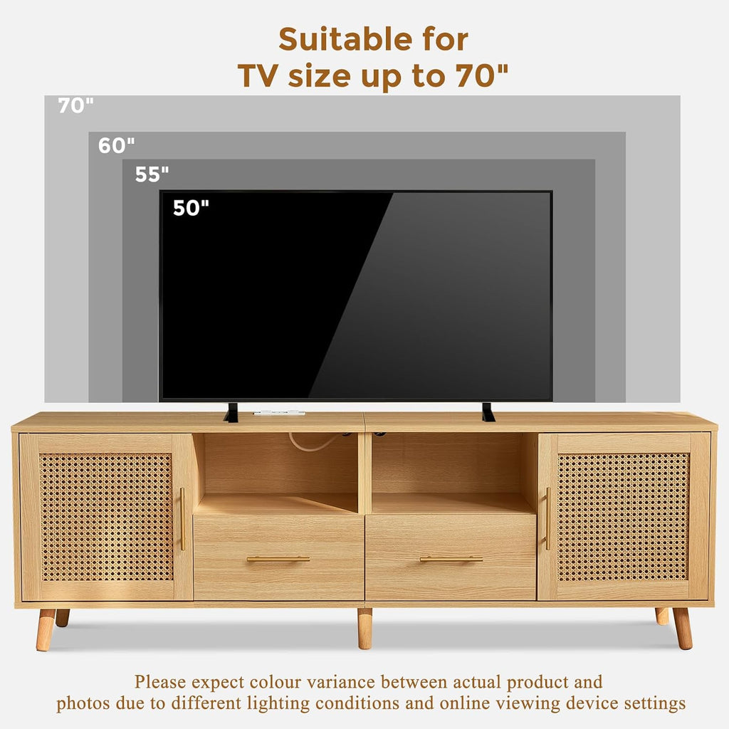 Rattan TV Stand for 70 Inch TV, 63' Modern Entertainment Center with LED Light, Outlet, Storage Shelves, 2 Drawers and Cabinets, Rattan Door, Boho TV Stand with Outlet for Living Room, Wood