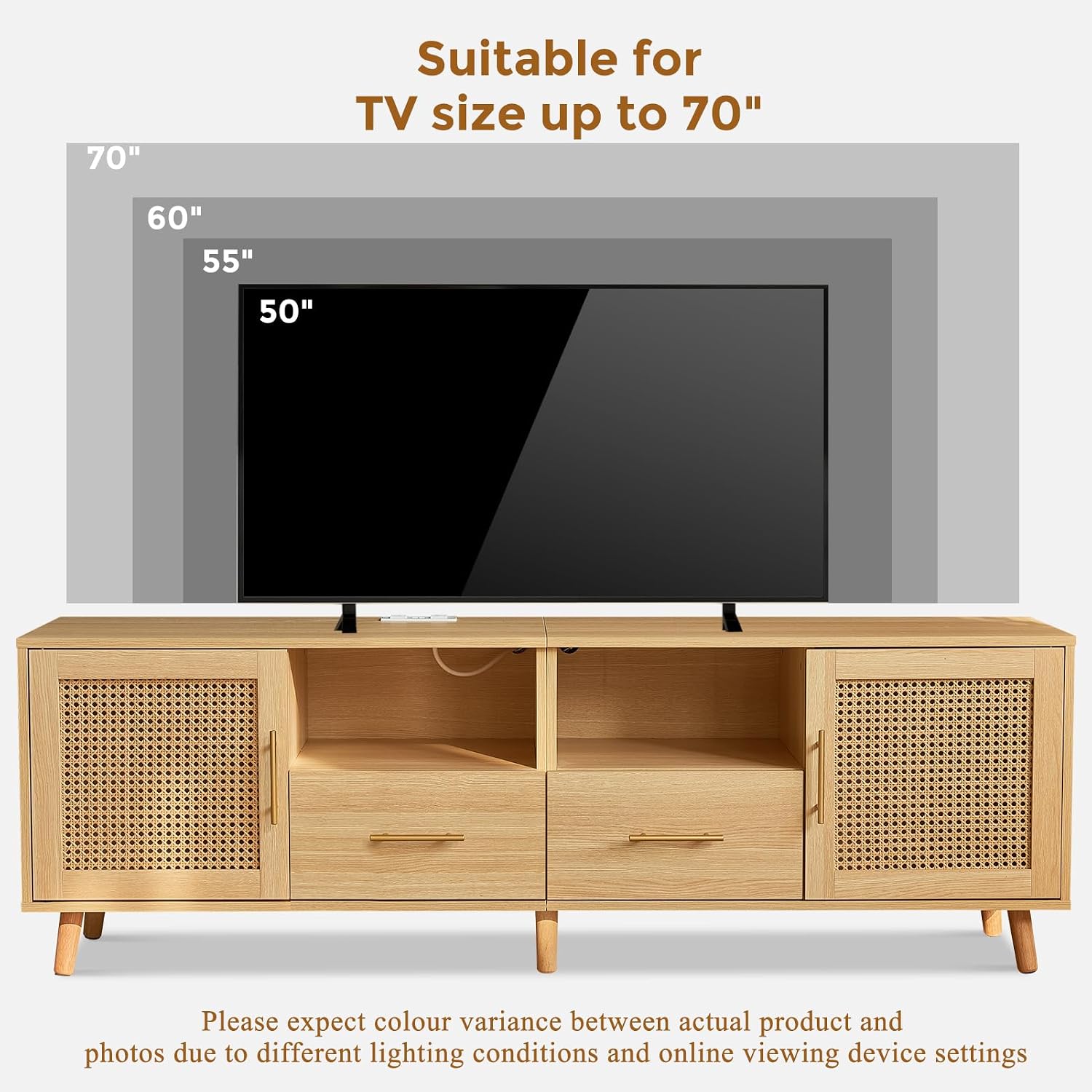 Rattan TV Stand for 70 Inch TV, 63' Modern Entertainment Center with LED Light, Outlet, Storage Shelves, 2 Drawers and Cabinets, Rattan Door, Boho TV Stand with Outlet for Living Room, Wood
