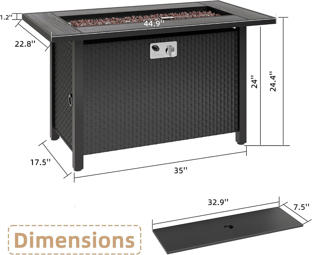 45 Inch Propane Fire Pit Table, 50,000 BTU Outdoor Gas Fire Pit for Patio & Backyard, Rectangular Firepit Table with Lava Rocks, 2-in-1 Convertible Outdoor Table