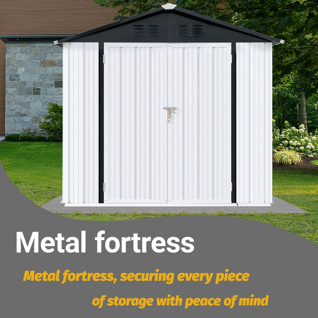 Shed with Windows,Large Metal Outdoor Storage Shed, Lockable Tool Storage shed, Steel Garden shed, Suitable for Backyard, Terrace, and Poolside (Roof White+Black, 6FTx4FT)