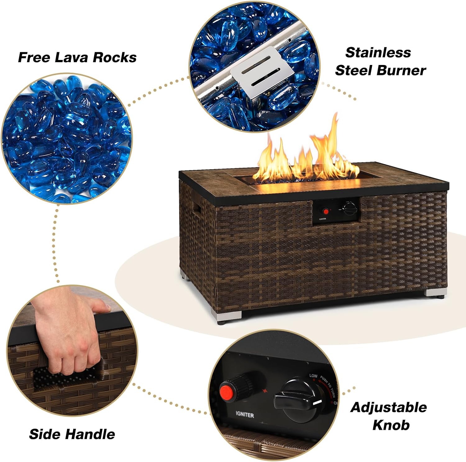 2-Piece Rattan Wicker Propane Fire Pit Table w/Tank Holder, Handmade 32-inch Gas Fire Pits for Outside Patio, Ceramic Tabletop with Steel Lid, Lava Rocks 40,000 BTU Rectangle (Brown)
