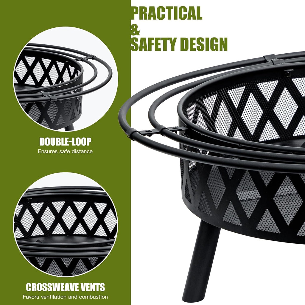 EcoNook 42 Inch Wood Burning Fire Pit with 2 Loops, Outdoor Fire Pit with Spark Screen & Fire Poker, Cross Weave Firepit for Outside Fireplace Bonfire for Yard,Patio, Garden