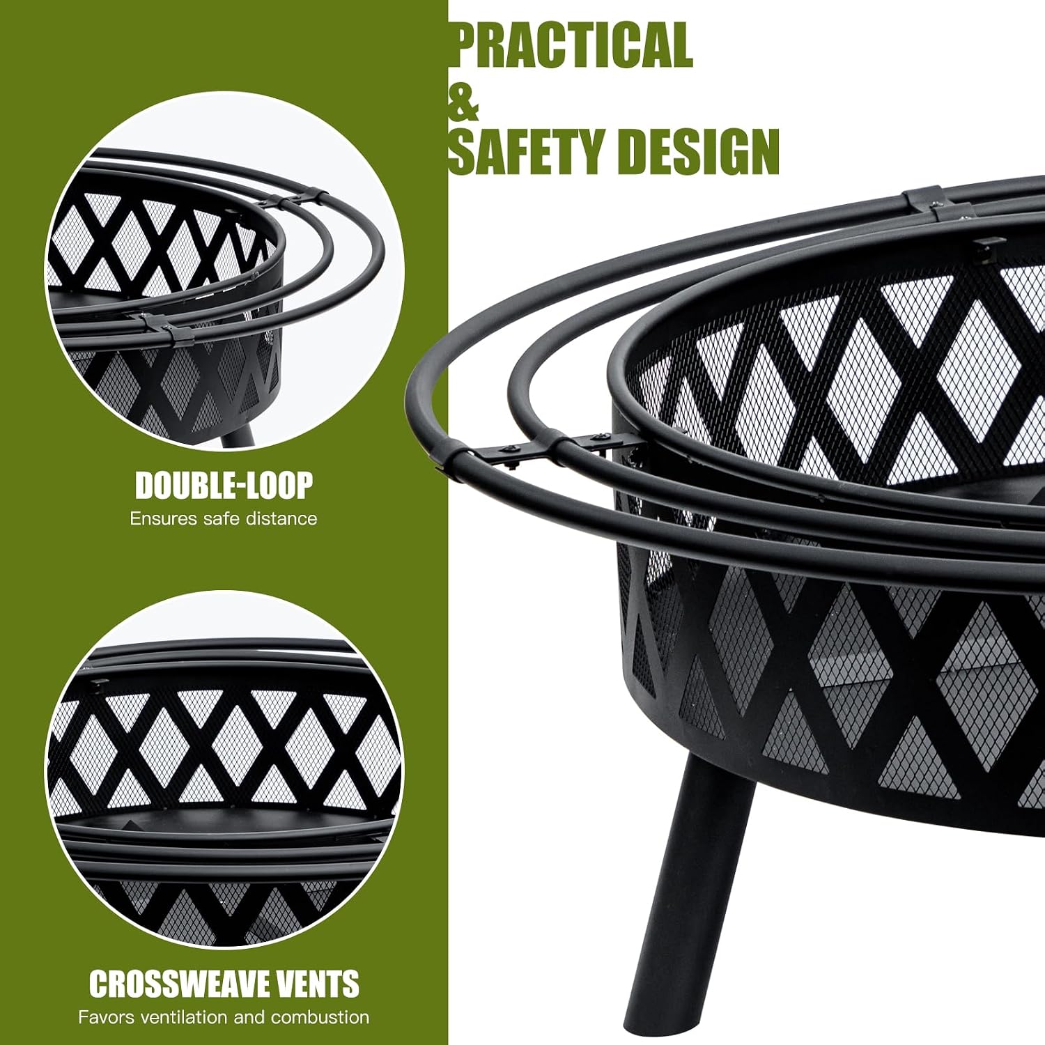 EcoNook 42 Inch Wood Burning Fire Pit with 2 Loops, Outdoor Fire Pit with Spark Screen & Fire Poker, Cross Weave Firepit for Outside Fireplace Bonfire for Yard,Patio, Garden