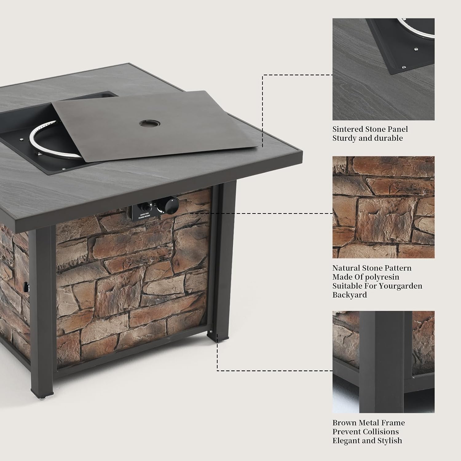 36'' Propane Gas Fire Pit Table, Sintered Stone Tabletop & Polyresin Stone Look Panel, 50000 BTU Gas Fire Pit for Outside Patio and Garden, with Metal Lid & Lava Rocks