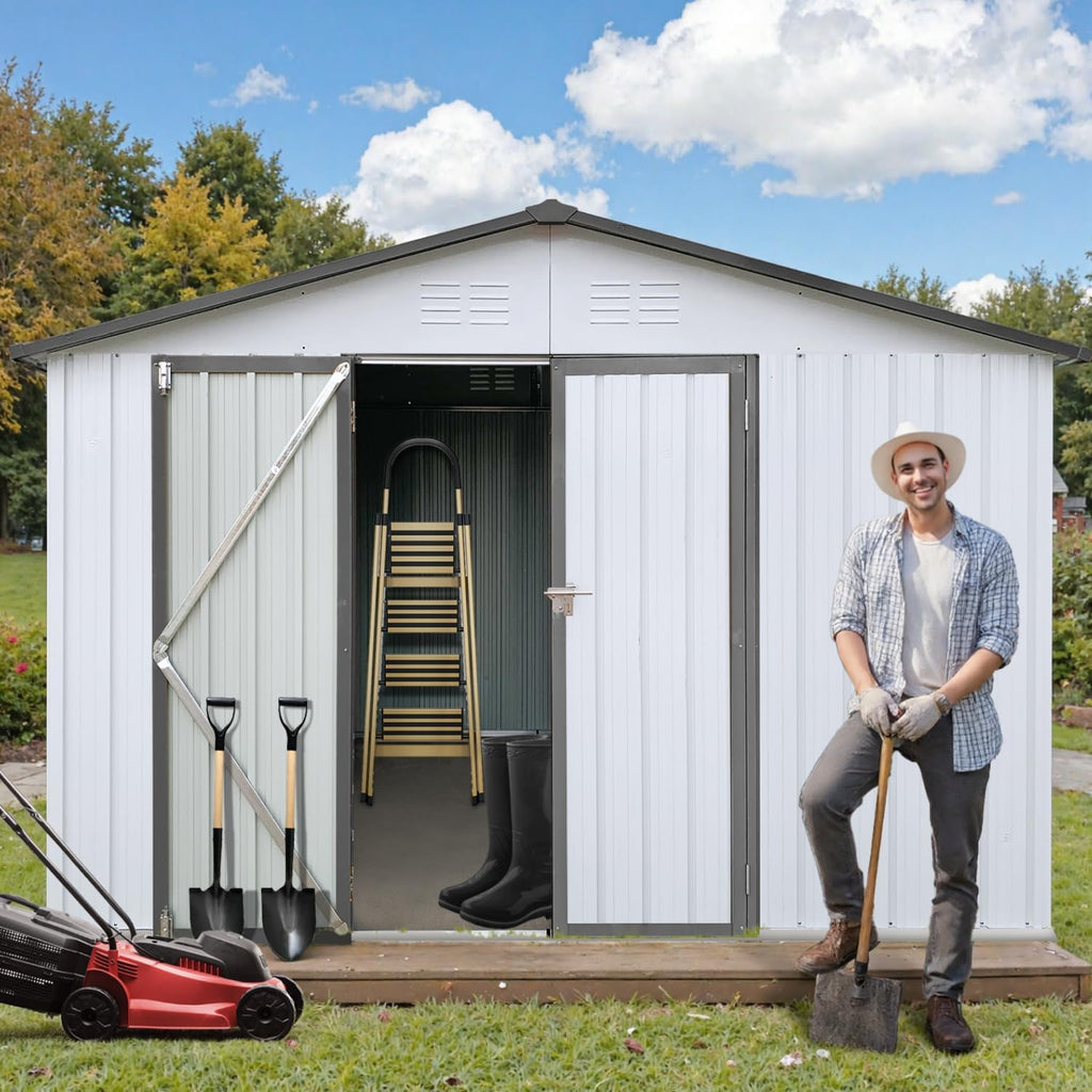 LINKHOO 10'x12' Metal Garden Shed, Outdoor Storage, White & Grey