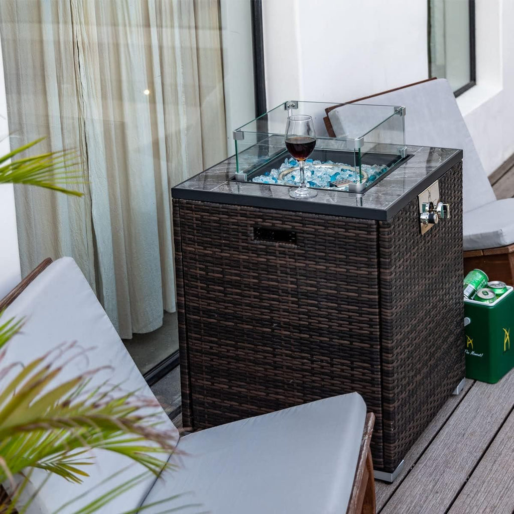 40,000 BTU Outdoor Propane Fire Pit Table with Auto-Ignition - Tempered Glass Wind Guard, Marble Tile Surface, Mixed-Color Fire Glass Rocks & Weather-Resistant Brown PE Rattan