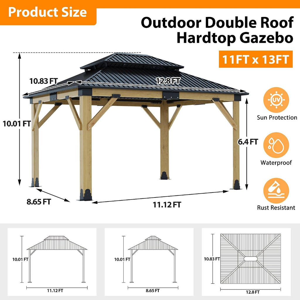 Hartdtop Wood Gazebo 11'x13', Cedar Wooden Gazebos, Outdoor Gazebo with Waterproof Steel Roof, Fit Patio, Backyard, Garden, Lawns, Porch