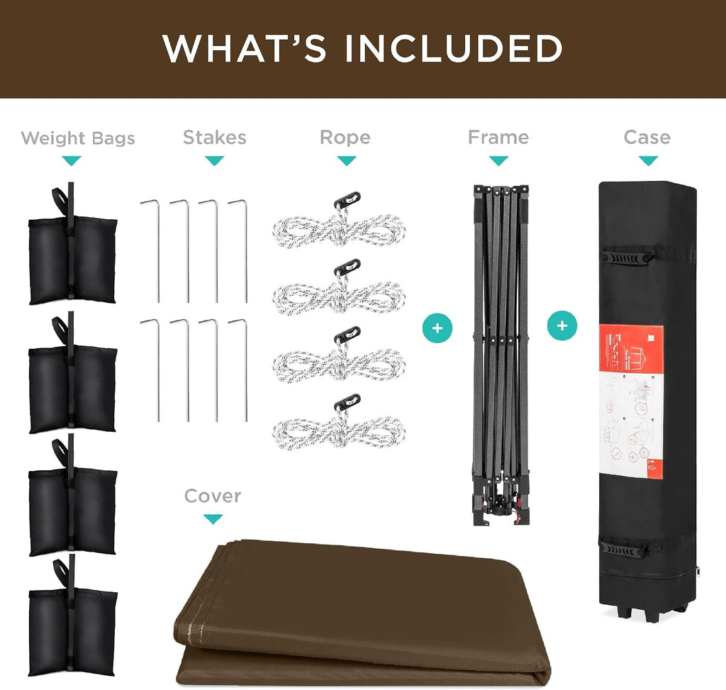Best Choice Products 12x12ft Pop Up Canopy Tent, Outdoor Shade, 1 Person 1 Minute Set Up, Carry Case, 4 Weight Bags - Brown