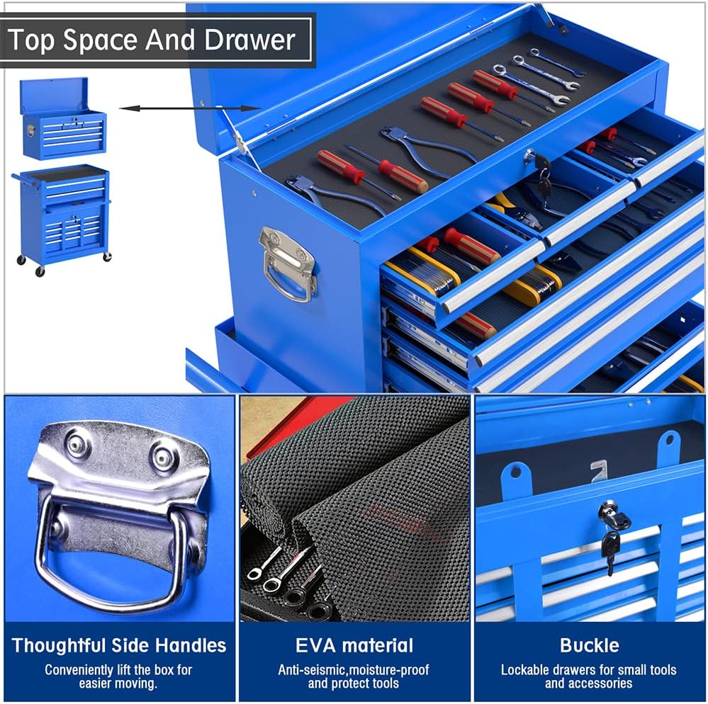 High Capacity Rolling Tool Boxes with Wheels and Drawers, 8-Drawer Storage Cabinet,Detachable Organizer Combo,Mobile Lockable Toolbox for Workshop Mechanics Garage (Blue)