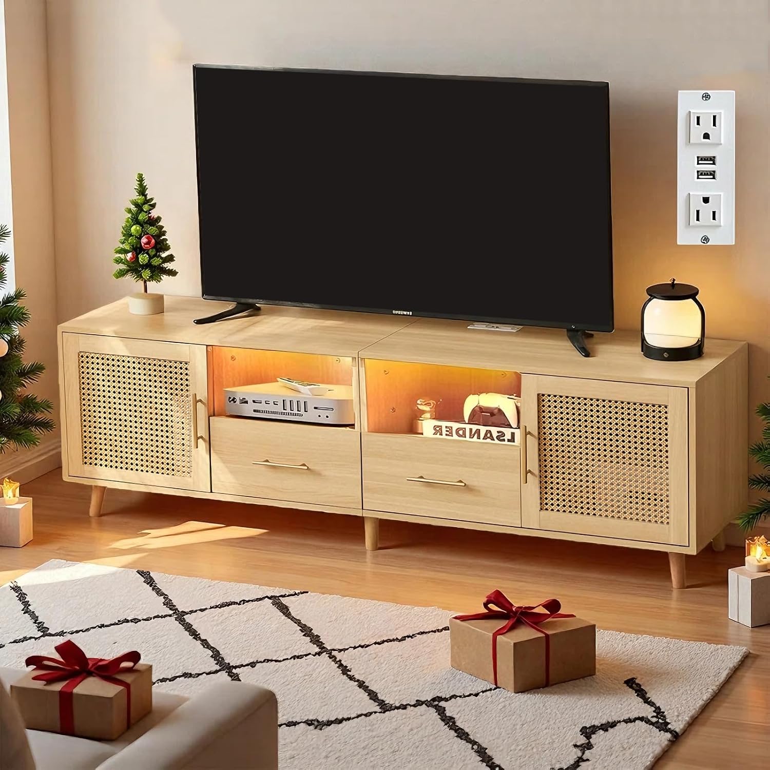 Rattan TV Stand for 70 Inch TV, 63' Modern Entertainment Center with LED Light, Outlet, Storage Shelves, 2 Drawers and Cabinets, Rattan Door, Boho TV Stand with Outlet for Living Room, Wood
