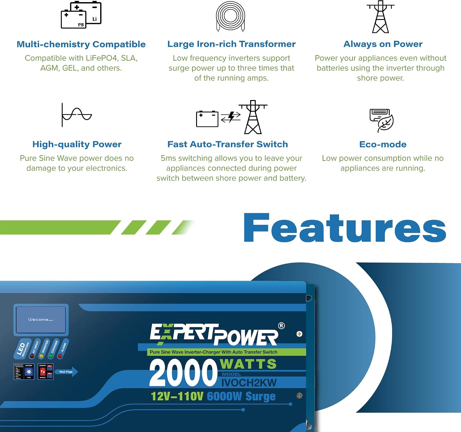 ExpertPower 2000W Pure Sine Wave Inverter Charger | Peak 6000W | DC 12V - AC 110V | LifePO4/ Lithium Battery Compatible | Auto Transfer Switch | LCD Display