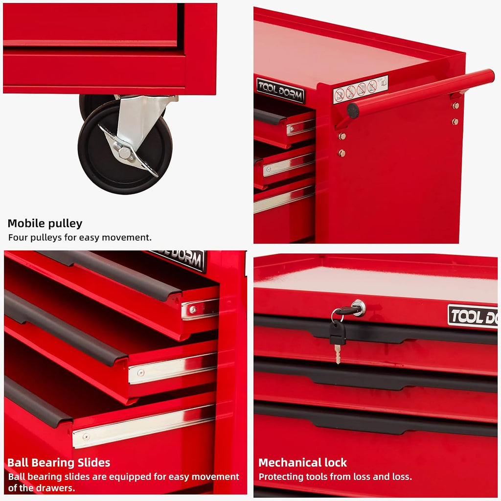 7-Drawer Rolling Tool Chest Cabinet, Large Capacity Metal Tool Box with Wheels and Keyed Locking, Roll Around Storage Organizer Tool Cart for Garage, Warehouse, Work Shop - Red