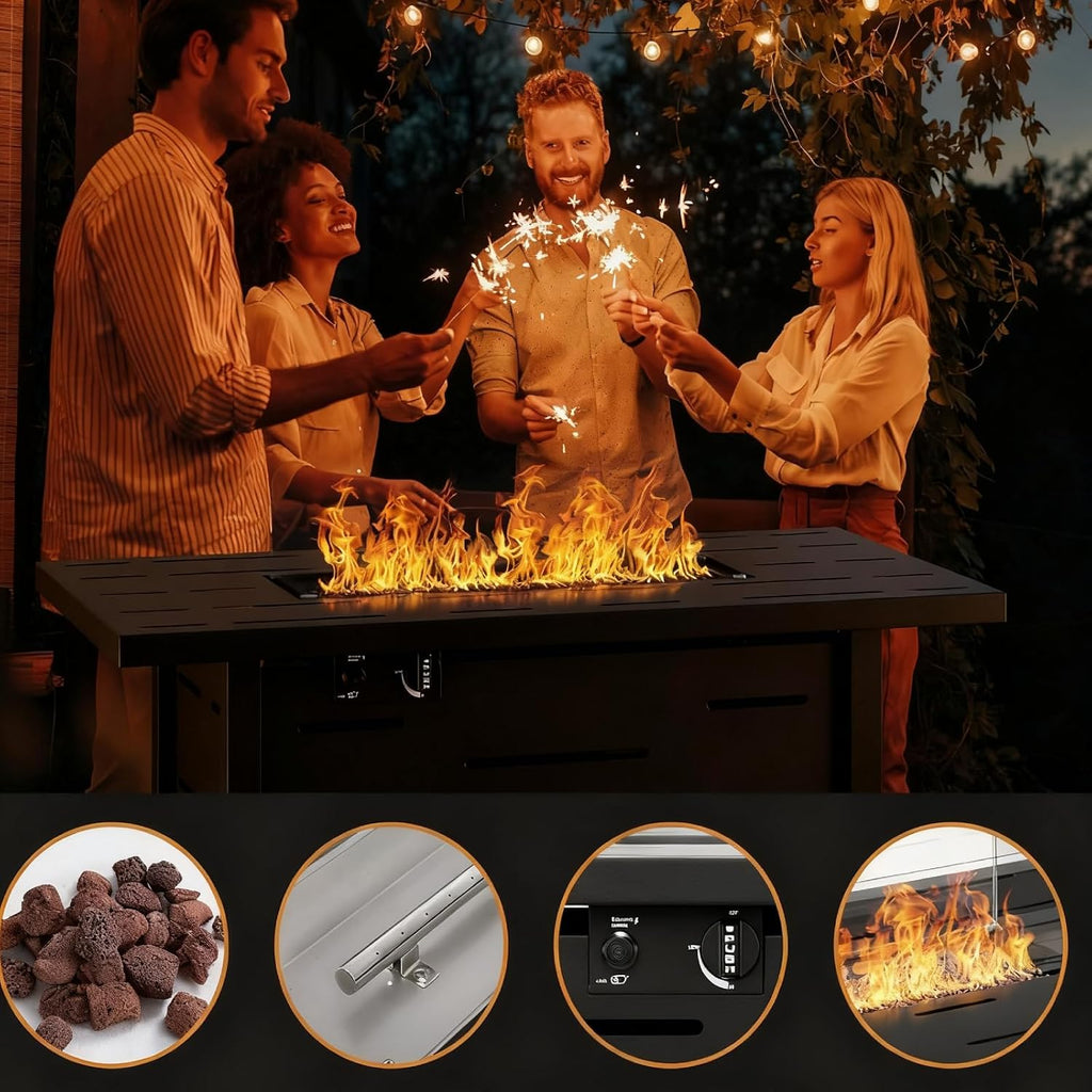 43 Inch Propane Fire Pit Table for Patio & Backyard, 50,000 BTU Steel Gas Fire Pit with Lid & Lava Rocks, Outdoor Table Heater for Deck, Garden, Smokeless Flame