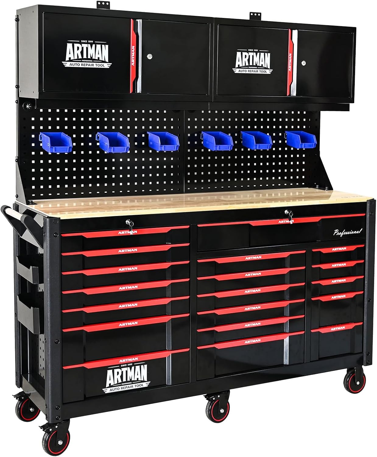 19 Drawers Rolling Tool Chest Large Mobile Workbench Heavy Duty Wood Top Tool Cart on Wheels Mechanic Toolbox Storage Cabinet for Garage, Workshop, Warehouse, Laboratory, with 2 Upper Cabinets