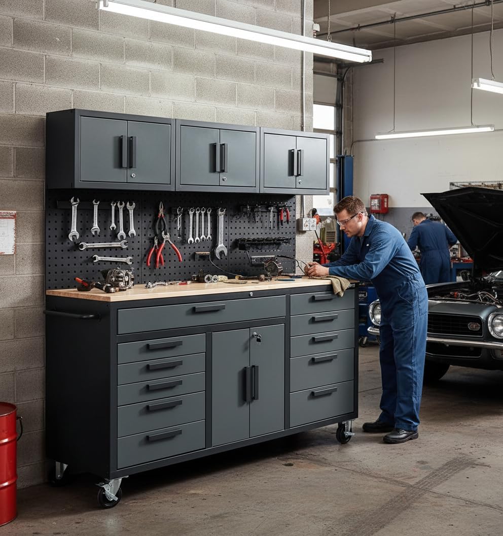 72in Rolling Tool Chest Cabinet Mobile Garage Workbench Heavy-Duty Tool Cabinet on Wheels with 11 Drawers, 2-Door Cabinet, 3 Top Cabinet, Pegboard & Power Strip for Tool Organization