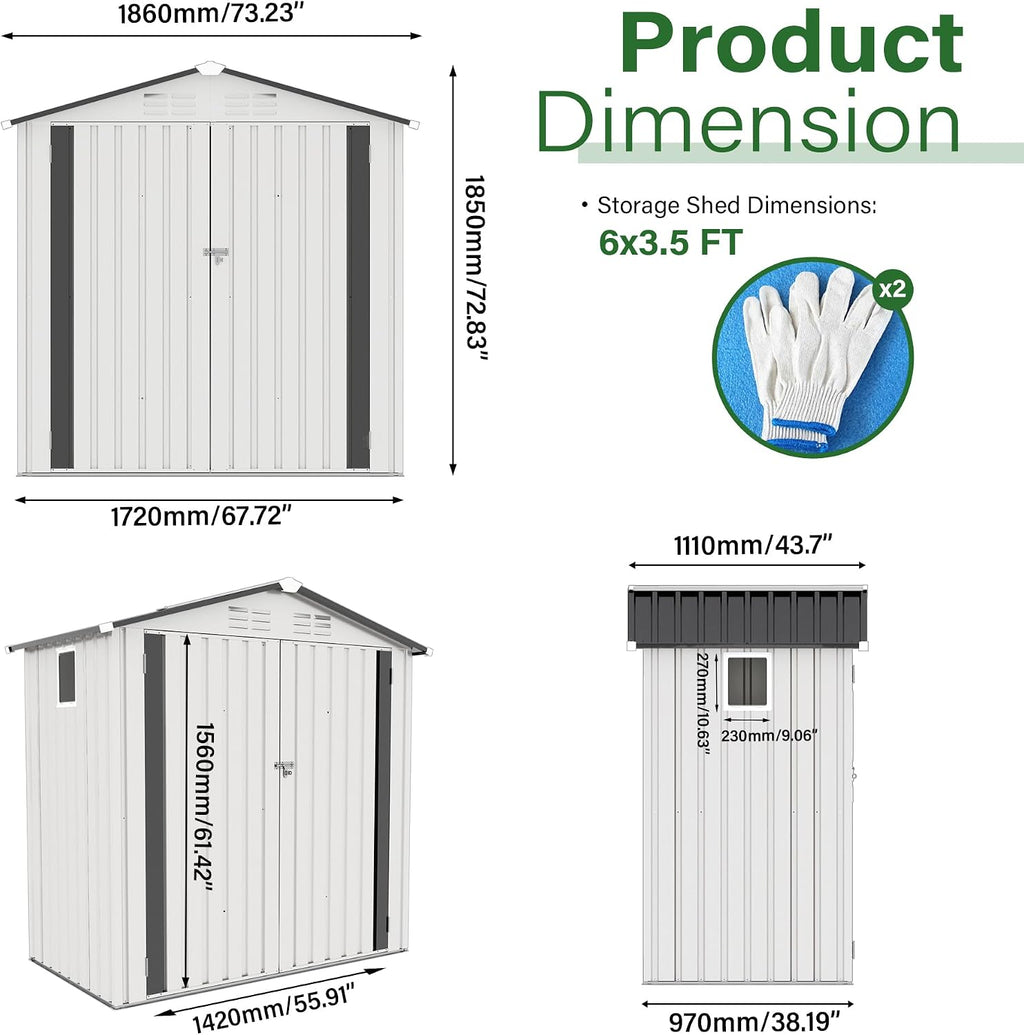 Organize and Secure with 6x3.6 FT Metal Shed, Waterproof Outdoor Storage with Lockable Door & Clear Window for Garden Tools, Patio Furniture, Bicycles, White