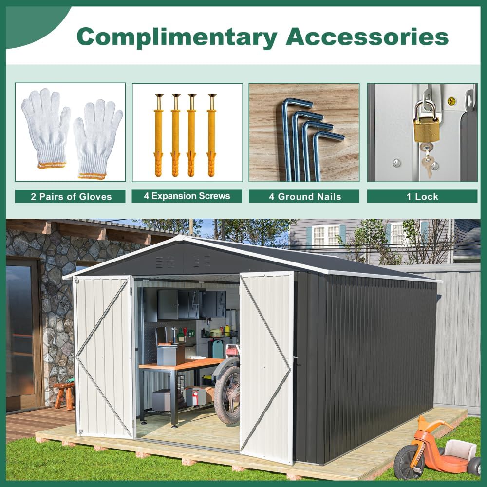 Large Outdoor Storage Shed 10x12 FT, Heavy-Duty Metal Garden Tool Organizer with Lockable Doors and Weather-Resistant Roof for Backyard (10x12 ft Grey)
