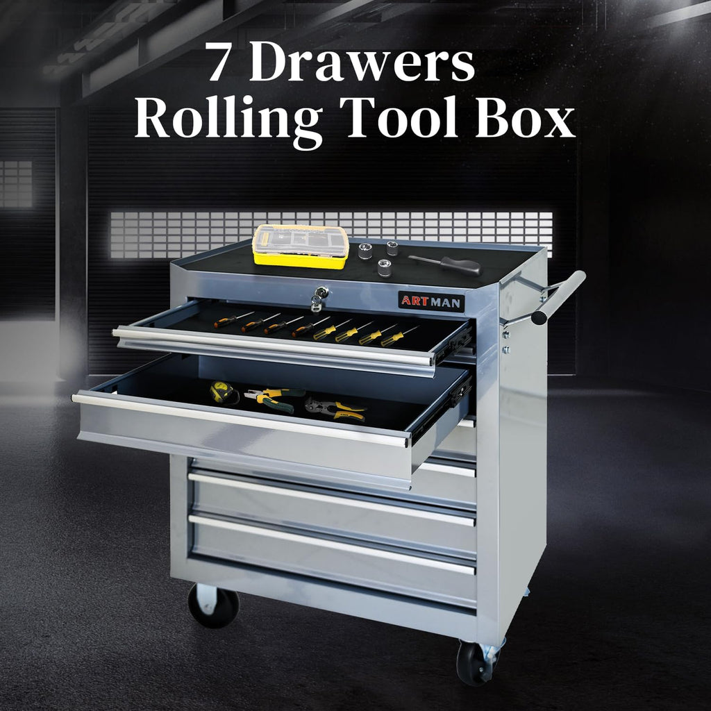 Rolling Tool Chest with 7-Drawer Tool Box with Wheels Multifunctional Tool Cart Mechanic Tool Storage Cabinet for Garage, Warehouse, Workshop, Repair Shop (Silver)