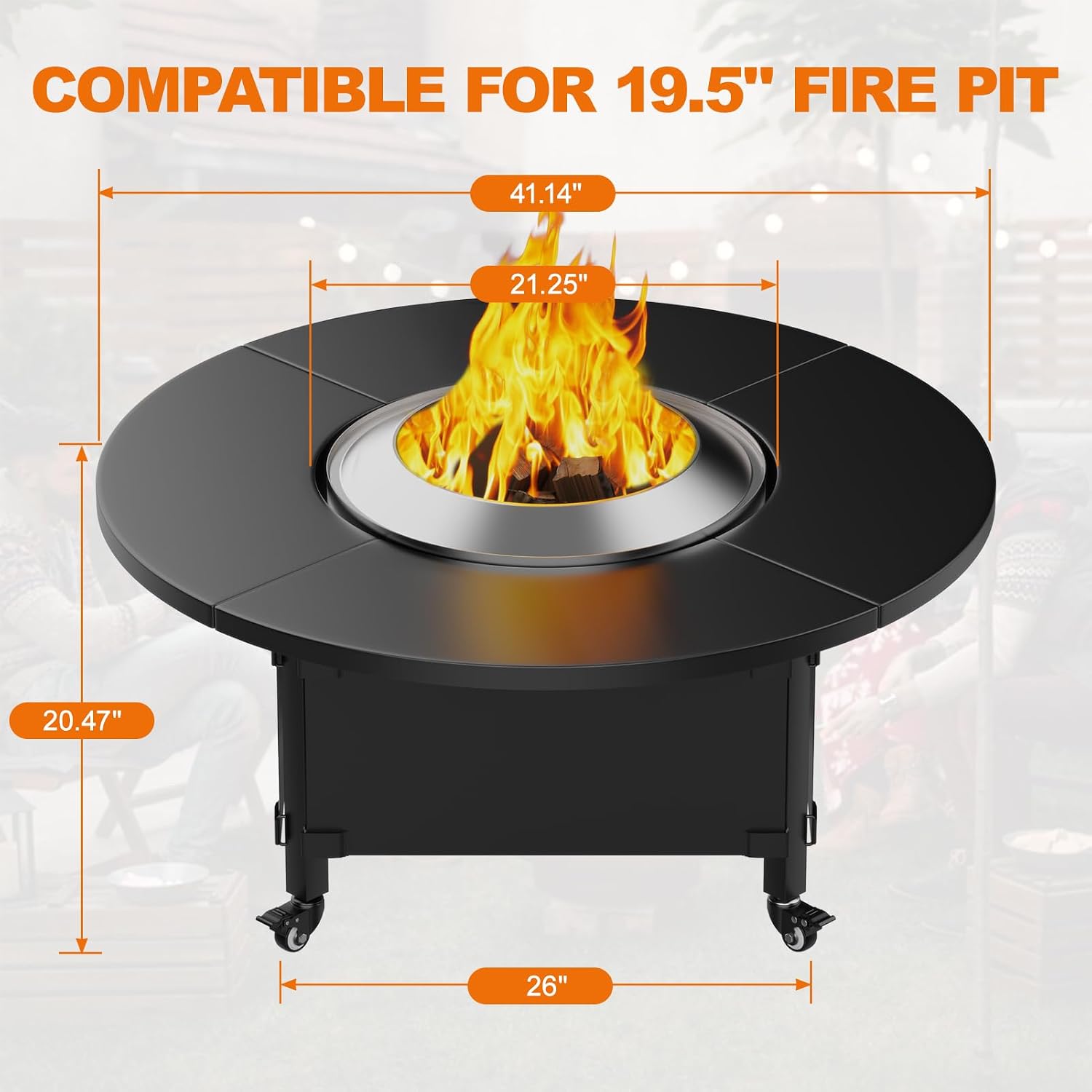 Fire Pit Surround Tabletop for Solo Stove Bonfire,Foldable Surround Table with Wheels for Safety & Easy Clean,42' Powder-Coated Steel Wood Burning Stove Surround Table Top,Accessories for Solo Stove