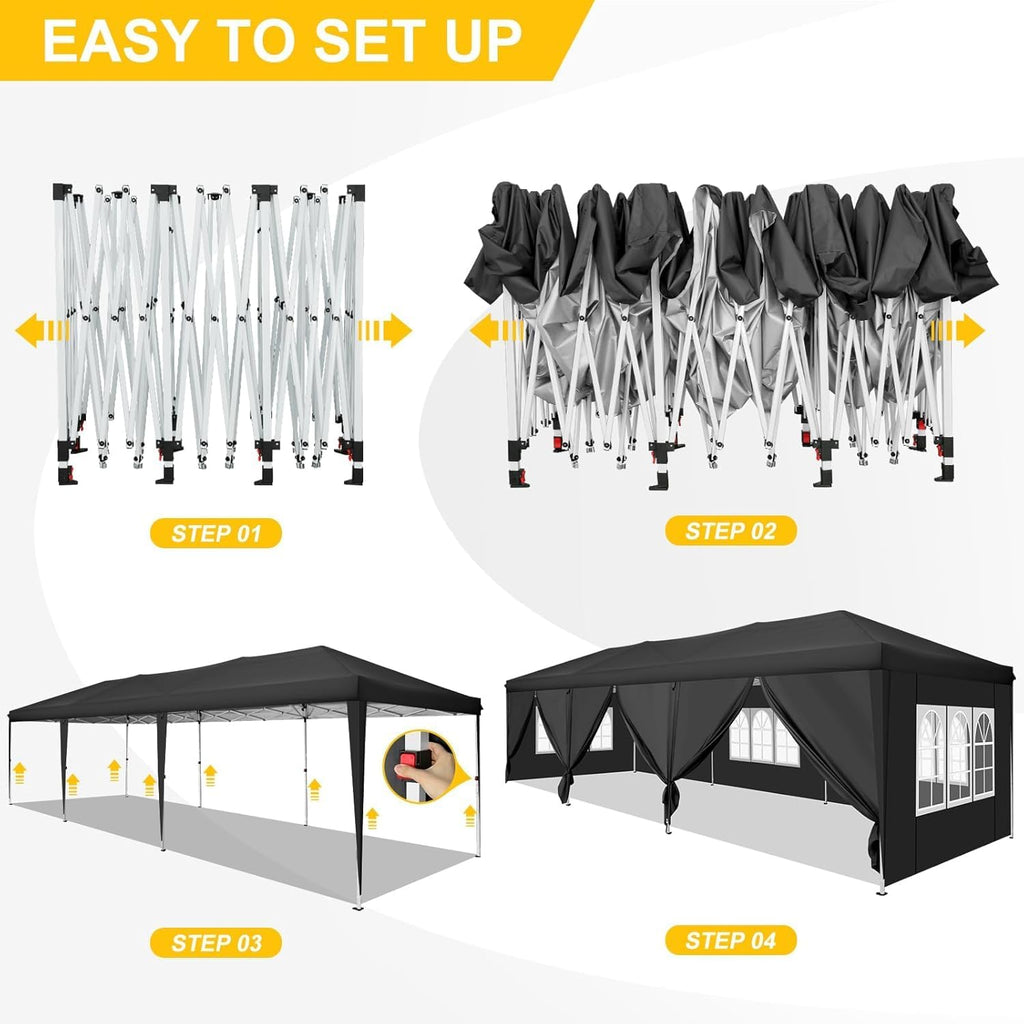 COBIZI Canopy 10x30 Pop Up Canopy Tent with 8 Sidewalls Party Tents for Parties Wedding Backyard Waterproof Outdoor Commercial Event Tent with Stakes, Ropes, Sandbags, Black
