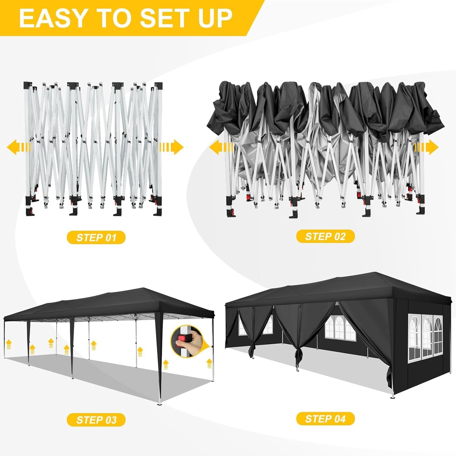 COBIZI Canopy 10x30 Pop Up Canopy Tent with 8 Sidewalls Party Tents for Parties Wedding Backyard Waterproof Outdoor Commercial Event Tent with Stakes, Ropes, Sandbags, Black