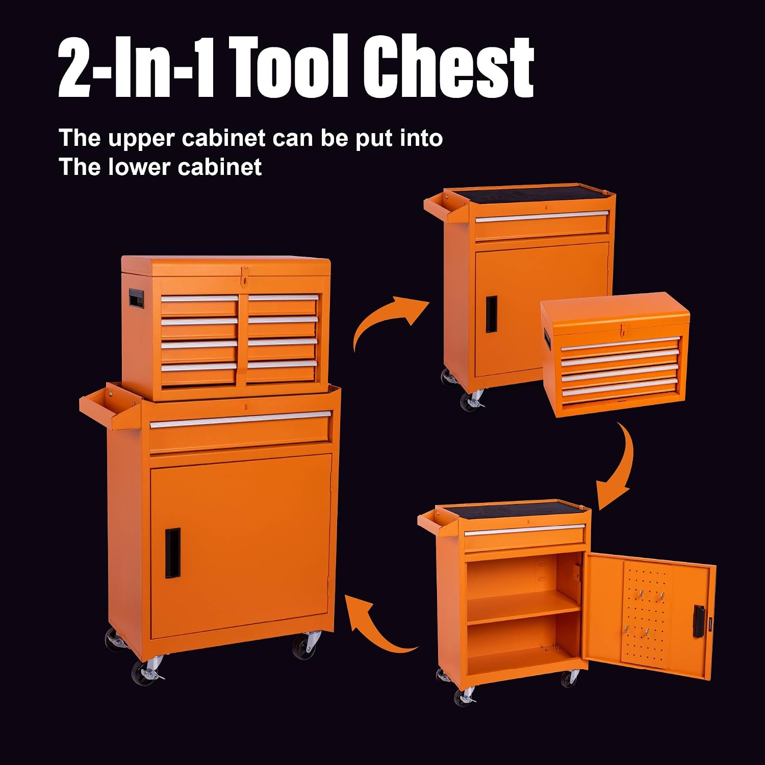 5 Drawers Metal Tool Cart on Wheels with 1 Cabinet, Multifunctional Rolling Tool Storage Cabinet Organizer Set w/Removable Top Tool Box for Garage,Warehouse,Workshop,Repair Shop (Orange)