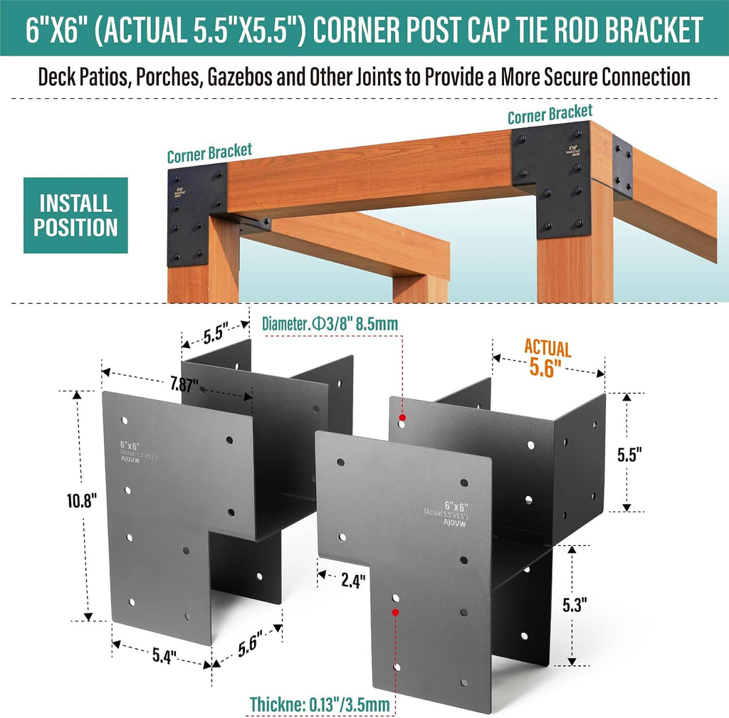 2 Pack 6''x6'' (Actual Size 5.5''x5.5'') Heavy Duty Stainless Steel Corner Post Caps Tie Bracket, Fit Connecting Wood Gazebo, Deck Patio Post and Wood Beams Bracket. (Black)