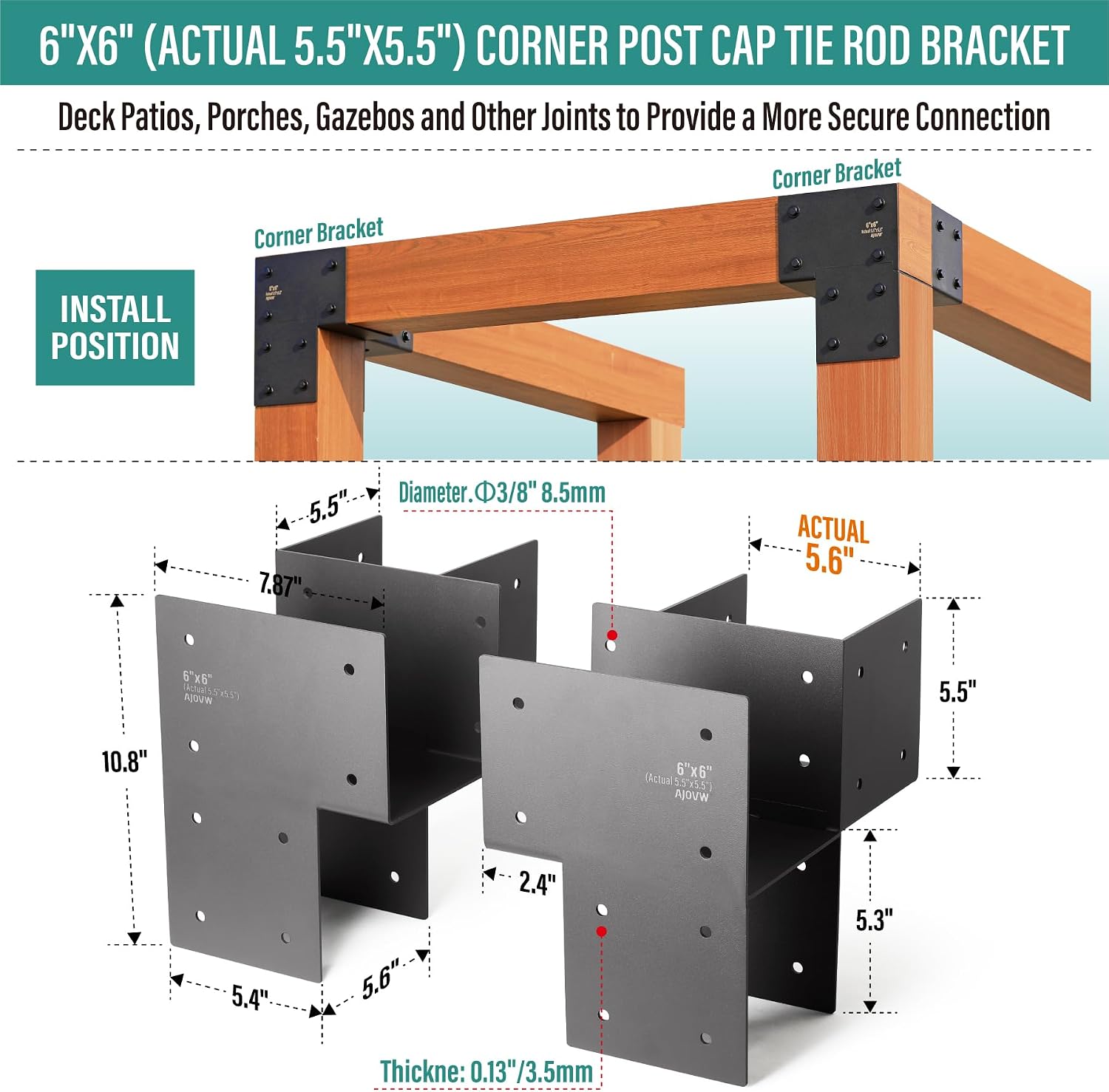 2 Pack 6''x6'' (Actual Size 5.5''x5.5'') Heavy Duty Stainless Steel Corner Post Caps Tie Bracket, Fit Connecting Wood Gazebo, Deck Patio Post and Wood Beams Bracket. (Black)