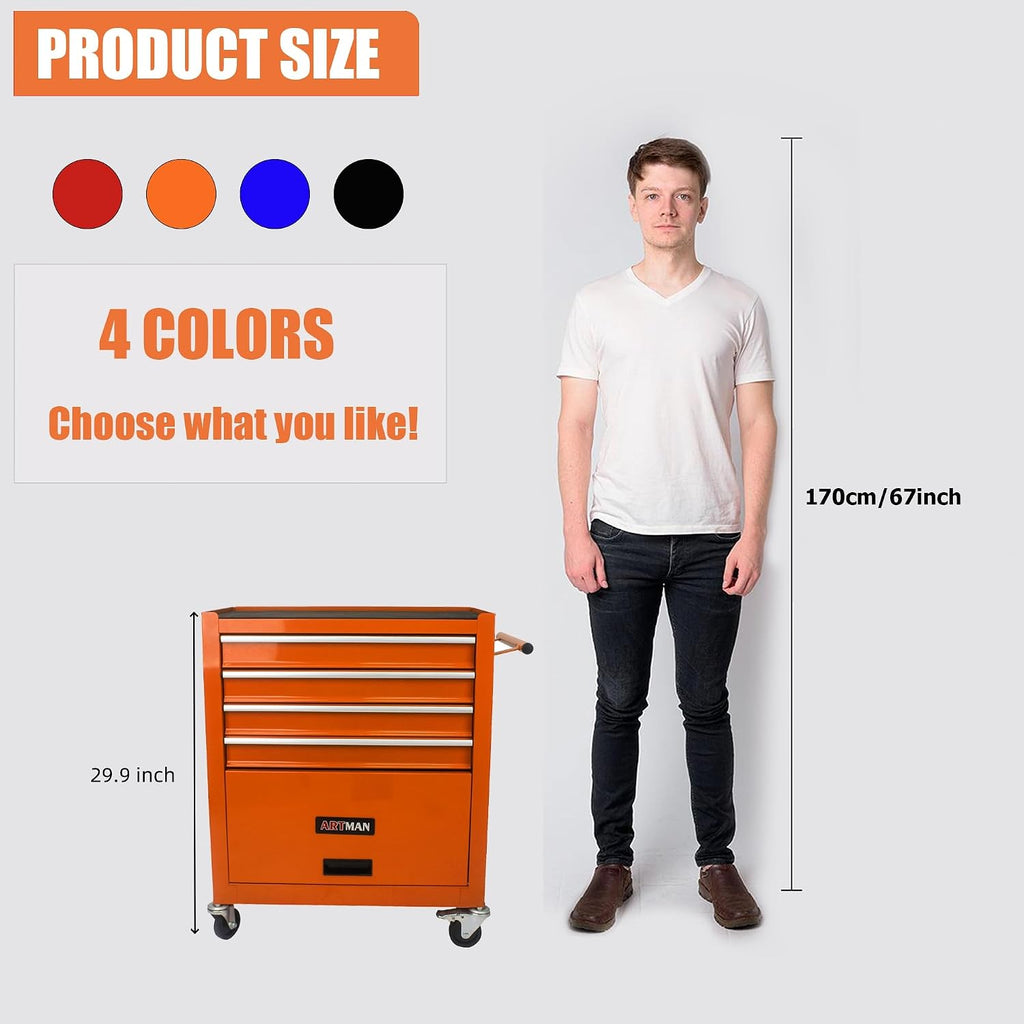 4 Drawers Rolling Tool Cart on Wheels, Trolley Organizer Tool Case Tool Chest, Multifunctional Tool Storage Tool Box for Workshop, Garage, Warehouse, Repair Shop(24.2'W×12.9'D×29.9'H-Orange)