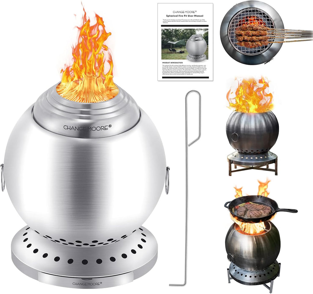 CHANGE MOORE 13.8' Smokeless Fire Pit with 304 Stainless Steel Grill, Portable Spherical Wood Burning Firepit for Backyard, Firepit Set Includes Grill & Fire Poker