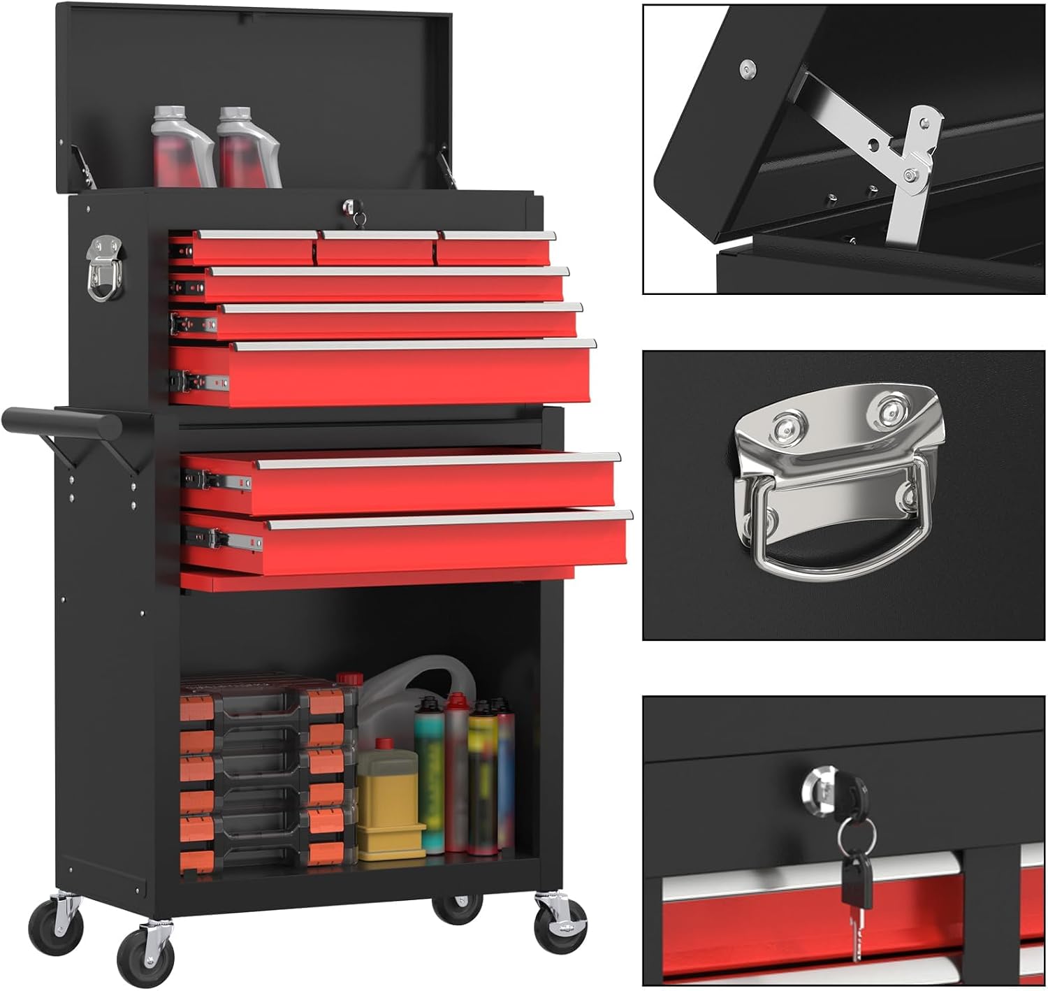 High Capacity Rolling Tool Boxes with Wheels and Drawers, 8-Drawer Storage Cabinet, Detachable Organizer Combo, Mobile Lockable Toolbox for Workshop Tool Room and Garage (BlackRed)