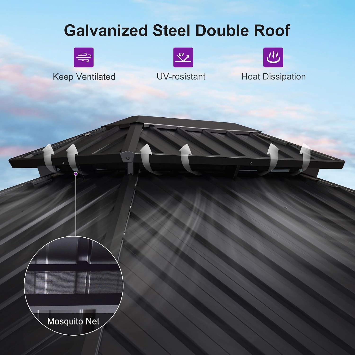 PURPLE LEAF 8' X 10' Hardtop Gazebo Outdoor Wood Grain Aluminum Frame Galvanized Steel Double Roof Gazebos with Lights for Patio Deck Backyard Garden